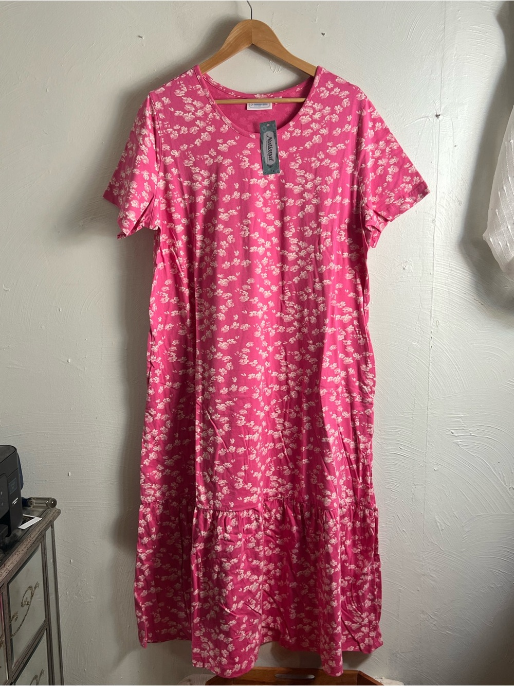 National Pink White Floral Lounge House Shirt Dress